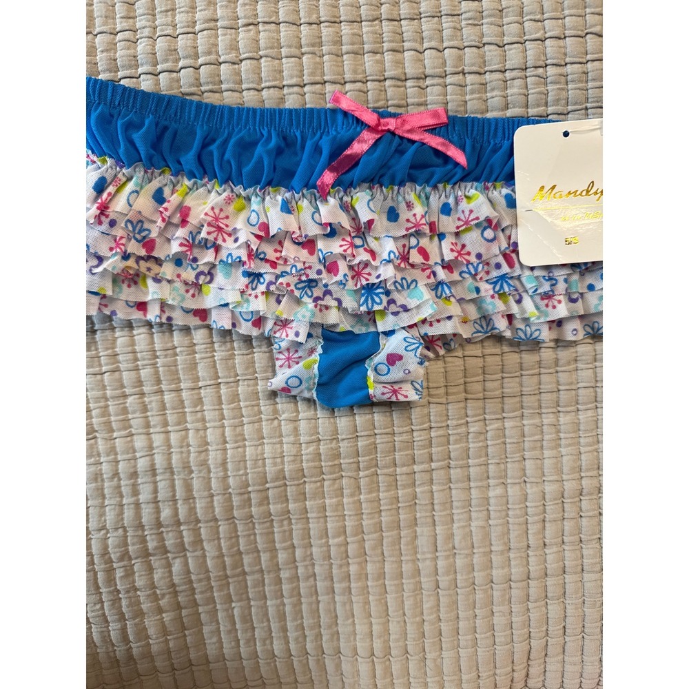 Mandy USA Ruffle Mesh Panties Blue Floral Heart Print Frilly Bow Knickers NWT S